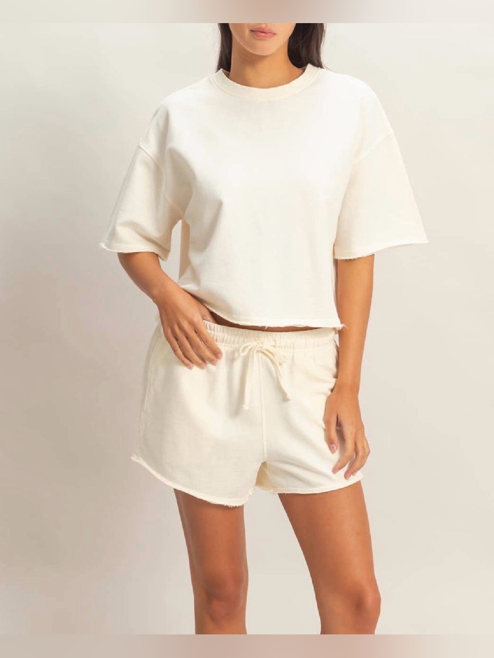 Short Sleeve Crew Neck Top & Shorts Set | Cream